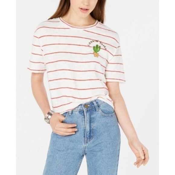 Rebellious One top white/red stripes cactus short sleeve boxy Tee size L - Picture 1 of 7